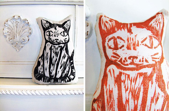 Woodblock Print Plush Cat Pillow by Laura Frisk