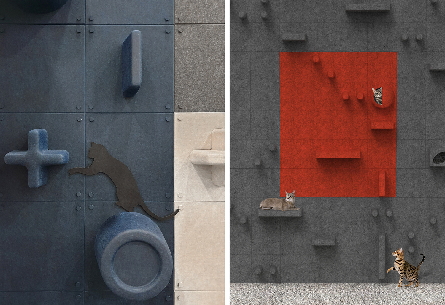 Cats climbing on modern felt modular climbing wall by BAUBAU