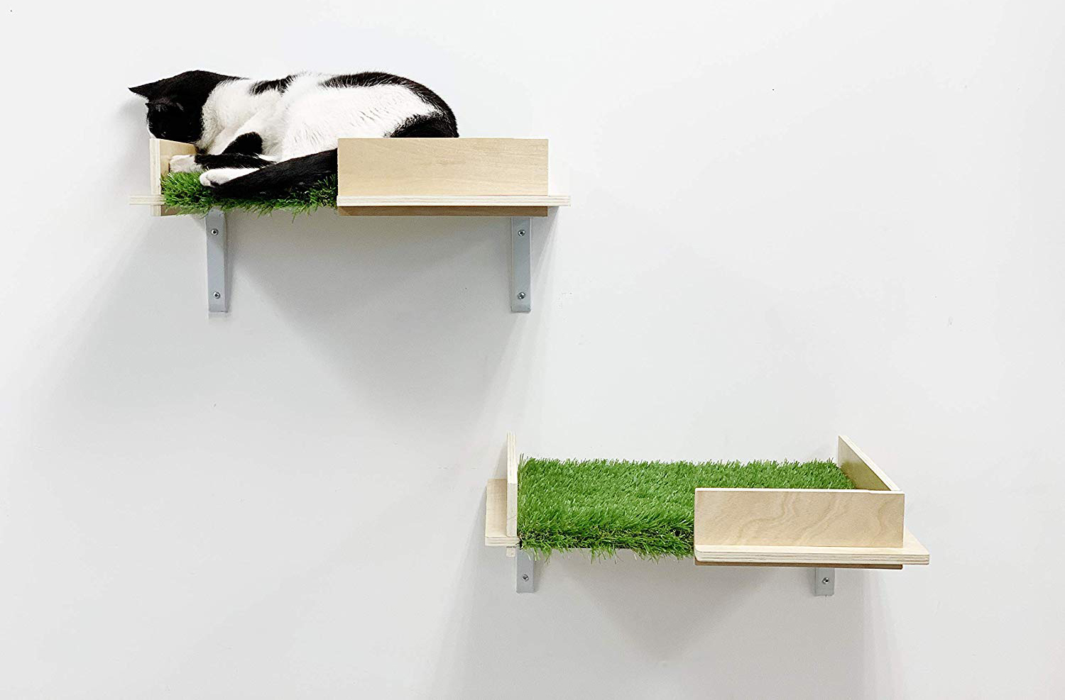 Wall-mounted cat shelves with faux green grass