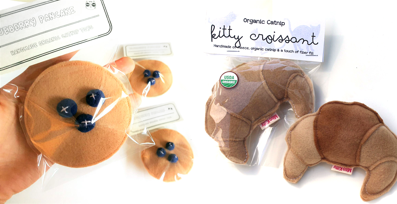 Cute kitty croissants and blueberry pancakes! Cat toys with catnip.