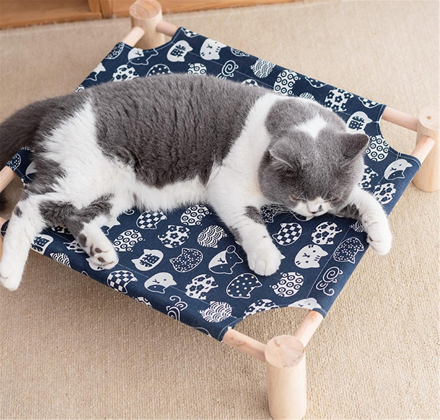 Cat Lounging on Raised Fabric Hammock
