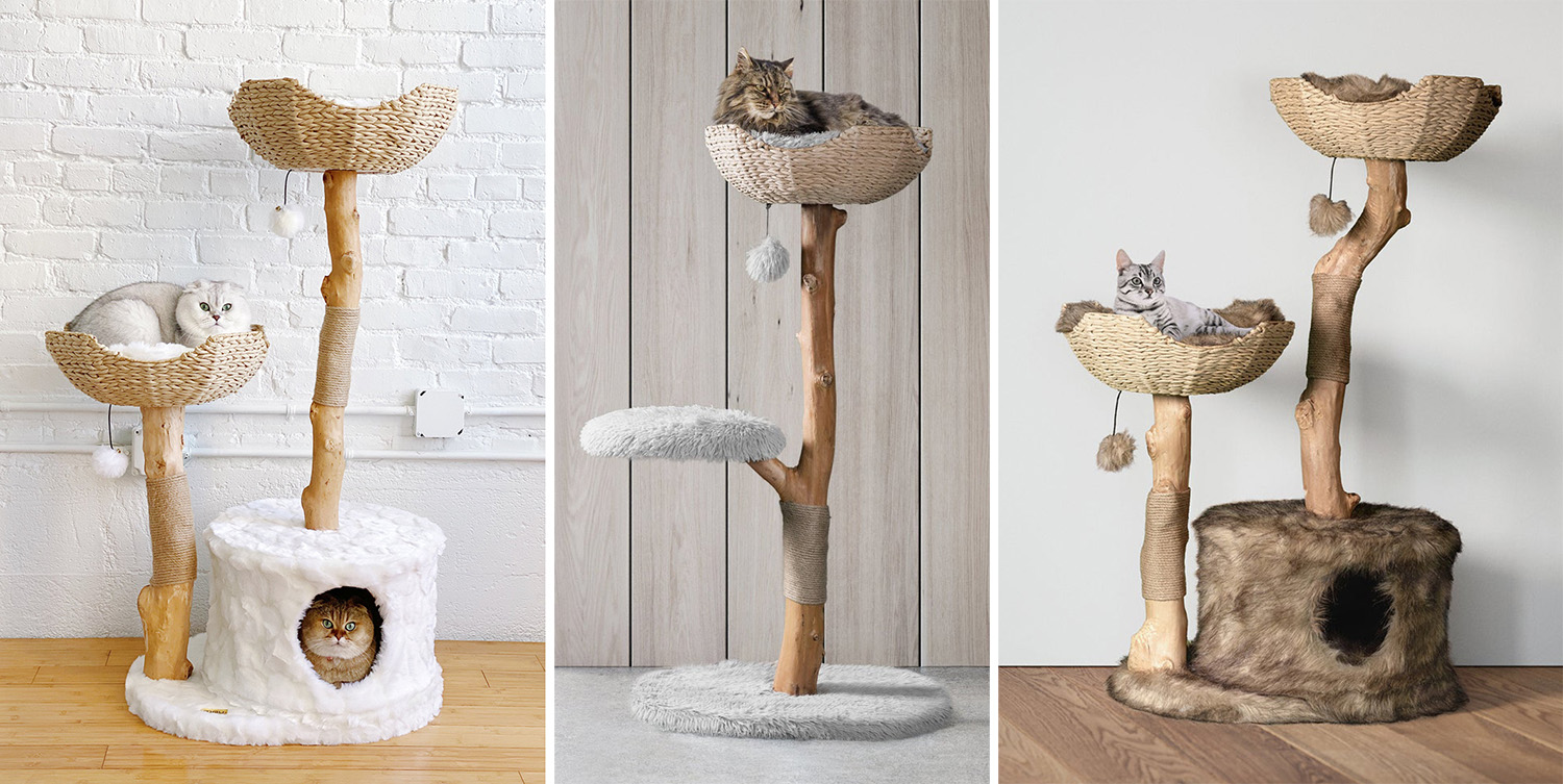 Handcrafted modern cat trees with natural wood