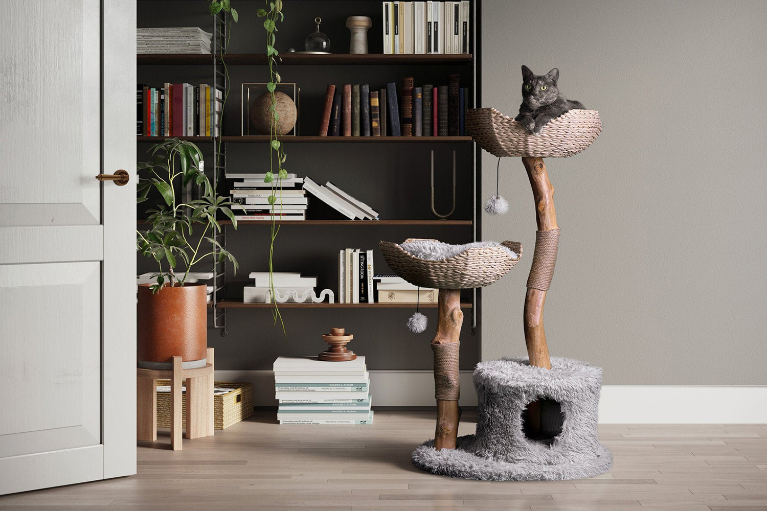 Two-level modern cat tree with nature tree limbs and woven basket perches