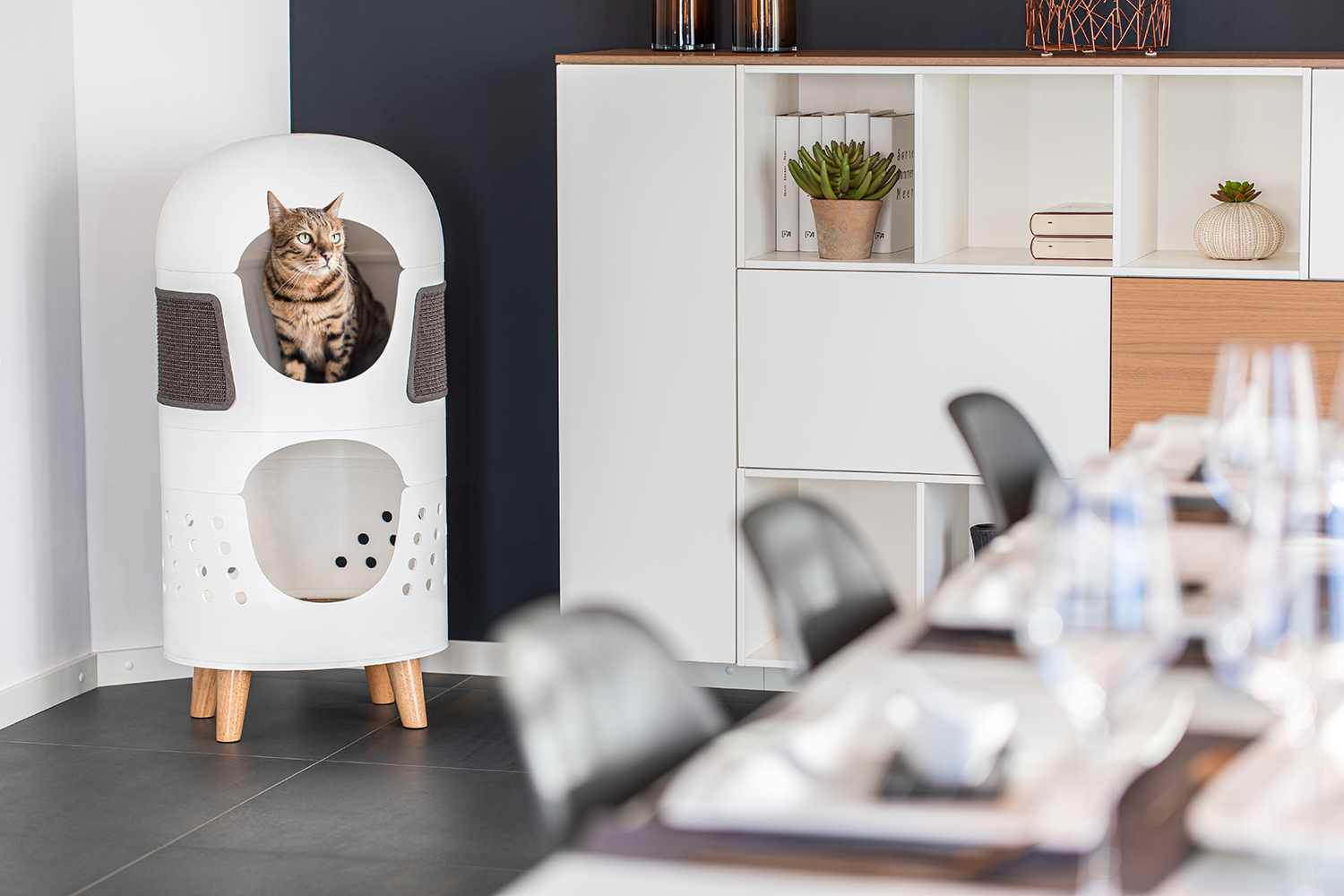 Unique modern cat tower with hideaway & sisal scratchers 