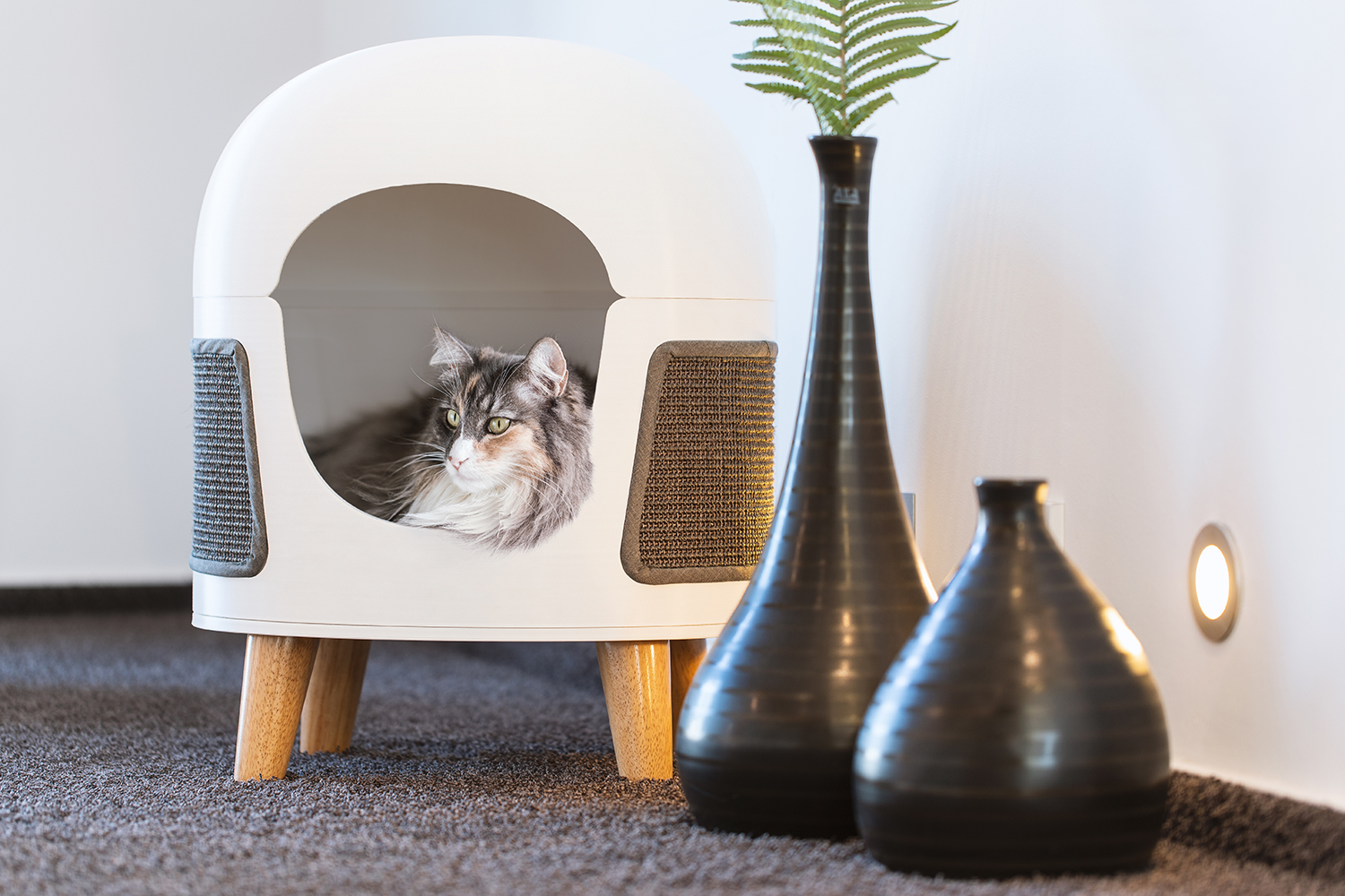 Modern cat hideaway with wooden legs and domed top