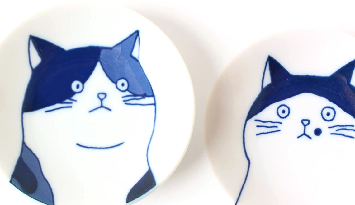 Japanese Mino Ware Blue & White Cat Dishes