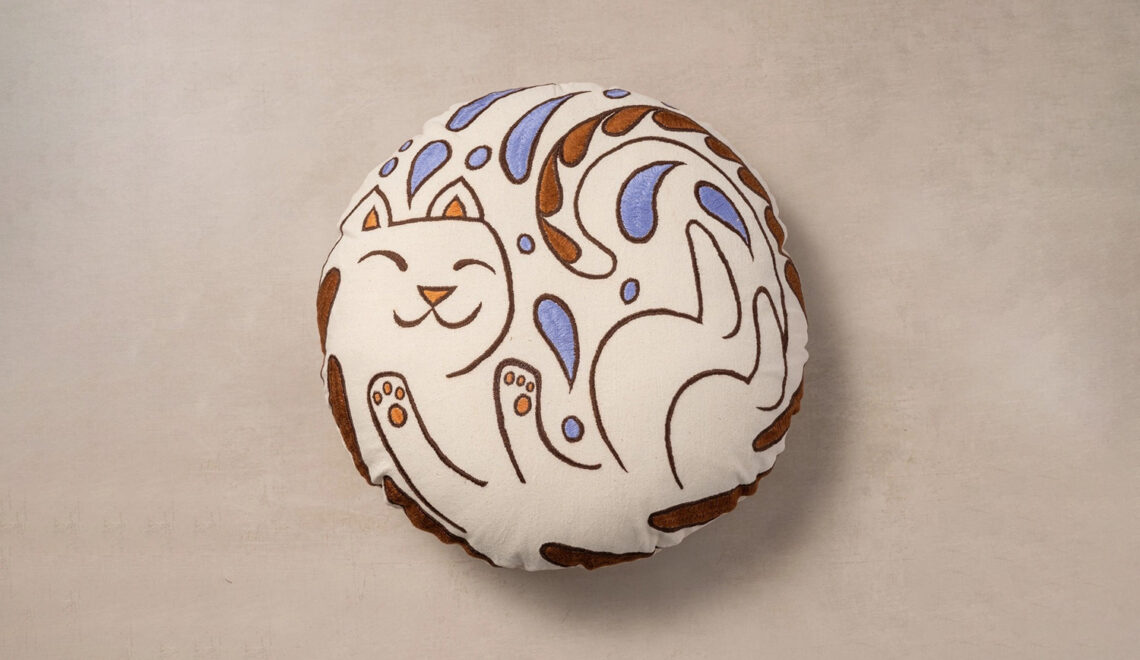 Happy Cat Embroidered Throw Pillow